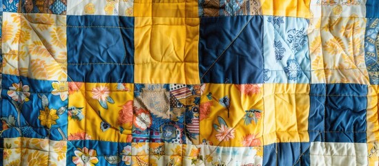 Wall Mural - Handmade yellow-blue patchwork quilt displayed on a white background.