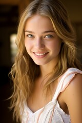 Wall Mural - Portrait of a smiling young woman with long blond hair