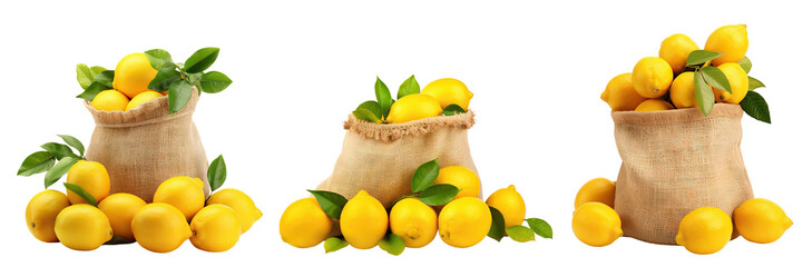 Wall Mural - Set of fresh delicious lemon fruits in burlap sacks, cut out