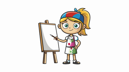 Poster - Standing in front of a blank canvas this girl is completely lost in her art. Her paintstained hands expertly maneuver the paintbrush as she creates a. Cartoon Vector