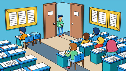 Canvas Print - The tension in the air was palpable as students filed into the exam hall. The tables were arranged in a Ushape facing the teachers desk at the front. Cartoon Vector