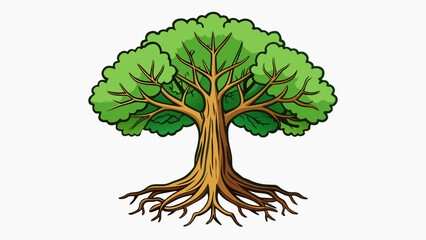 Poster - The sy oak tree stood tall and proud its deep roots providing stability and strength as it sheltered smaller plants from harsh weather and provided. Cartoon Vector