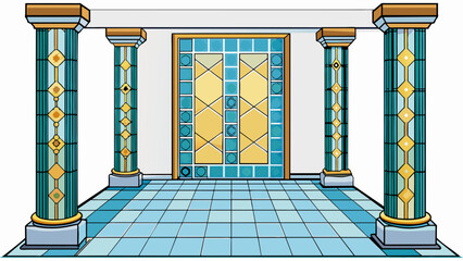 Wall Mural - two tall pillars flank the entrance with ornate patterns etched into the stone. between them a set o