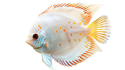 A beautiful white discus fish with orange spots on its body isolated against a clean, white background