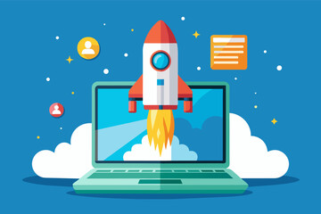 Wall Mural - rocket launching from a laptop screen, signifying taking a business online and reaching new markets