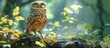 Adorable Burrowing Owl Donning a Samurai Sash Perched on a Mossy Log in a Lush Forest