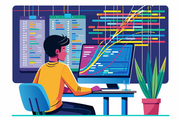 Aufkleber - programmer staring intently at a multi-colored monitor, lines of code cascading down the screen
