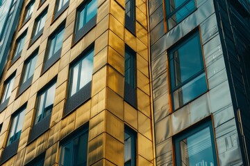 Poster - A contemporary building facade displaying a mix of materials, with reflective windows and brass cladding