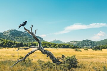 Canvas Print - A solitary crow stands atop a gnarled tree branch, surveying the lush lleida fields with keen eyes under a clear sky