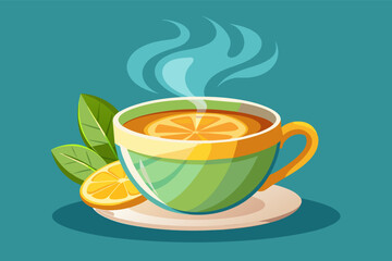 photorealistic image of a steaming cup of tea with a slice of lemon on the side