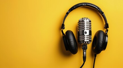 Wall Mural - Studio microphone with headphones, podcast concept.