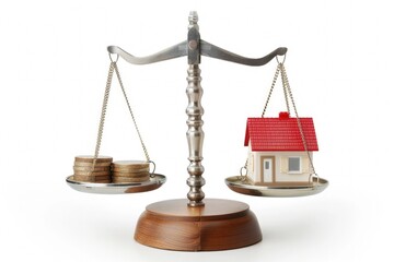 Scales with house on one side and coins on the other, concept of finance, investment, property.