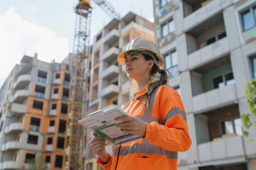 Wall Mural - Female construction engineer discussing with client over digital table while standing in front of under construction apartment