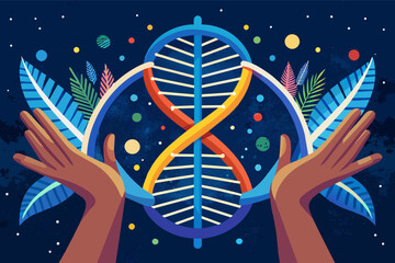 Poster - pair of hands holding a DNstrand that unfolds like a glowing scroll, revealing the mysteries of genetics