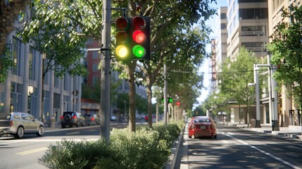 Wall Mural - Crimson Sentinel: Lone Traffic Light Beside Asphalt Stretch