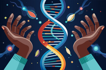 Poster - pair of hands holding a DNstrand that unfolds like a glowing scroll, revealing the mysteries of genetics