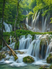 Sticker - Majestic waterfalls in a lush forest landscape - The image captures the grandeur of multiple cascading waterfalls surrounded by the verdant environment of a dense forest