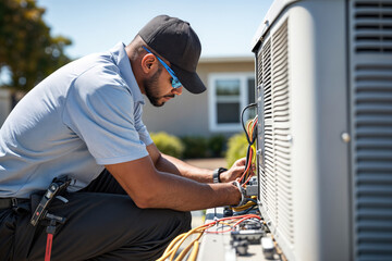 An air conditioning technician working on an outdoor unit.