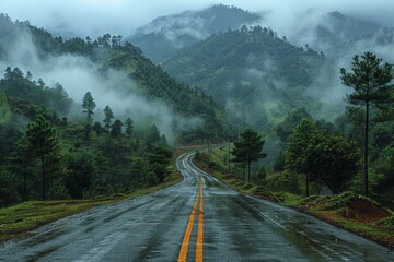 Fresh asphalt cuts through a lush green mountainous landscape under a rainy, mist-filled sky