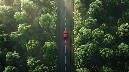 Sticker - A car driving on the highway, aerial view of the car and the asphalt highway with tropical forest trees.