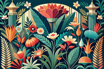 Aufkleber - An elegant art deco botanical illustration showcasing vibrant flowers and plants