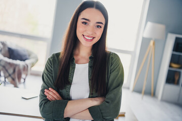 Canvas Print - Photo of pretty young woman beaming smile folded hands wear shirt modern business center office indoors