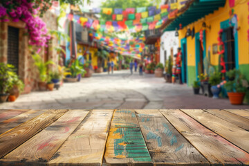 Poster - A blank rustic wooden table top with a colorful background of a blurred mexican street scene