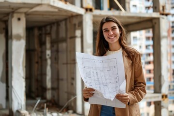 Wall Mural - Portrait of smiling female architect holding blueprints while standing near under construction apartment