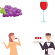 Sommelier party icons set cartoon vector. Professional expert doing wine tasting. Look, aroma, taste appreciation