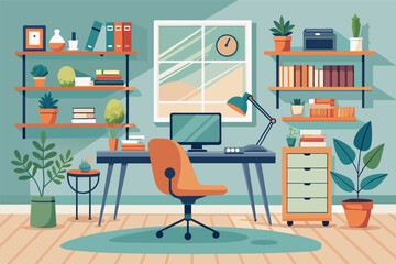 Poster - chic home office with a floating desk, built-in shelves, and a comfortable chair, creating a functional and stylish workspace