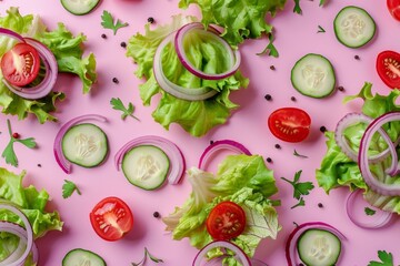 Wall Mural - Fresh Salad Ingredients: Lettuce, Tomatoes, Cucumber, Onion