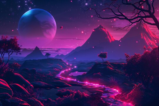 Dark synthwave landscape with mountains, trees and planets in the sky 