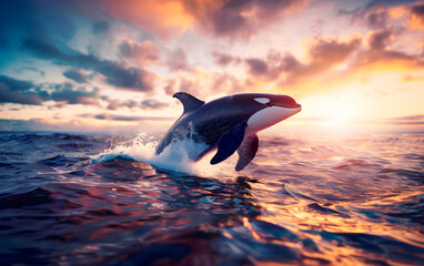 Wall Mural - Killer Whale jumping out of the water, wild nature and animals concept