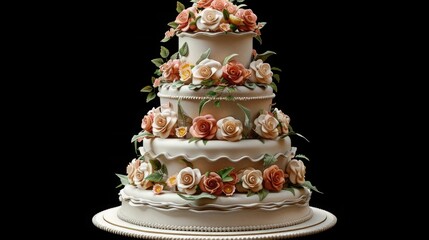 Wall Mural - Delicious multi-tiered wedding cake isolated on black background.