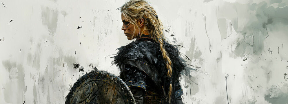 Blonde-haired shieldmaiden: Viking warrior with braided hair and sword