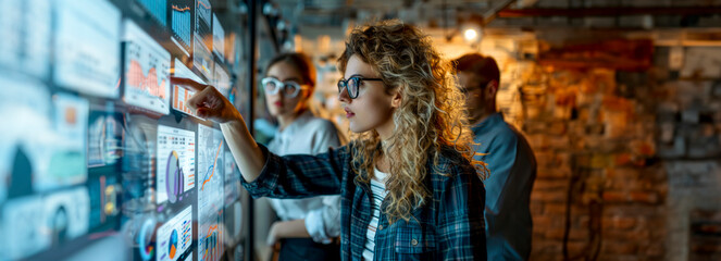 Innovative professionals strategizing with woman indicating infographics on glass wall in collaborative brainstorming session