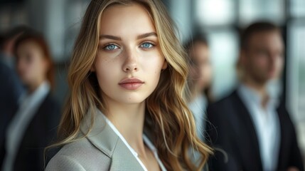 young business woman looking at the camera with her colleagues on the background hyper realistic