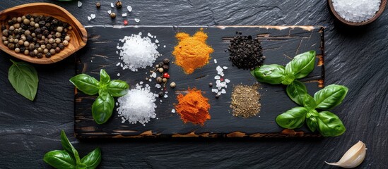 Wall Mural - Spices and herbs displayed on a wooden board, including pepper, salt, paprika, basil, and turmeric, set against a black wooden chalkboard in a top-down view with available blank space.