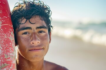 Wall Mural - Portrait of a young male surfer on the beach