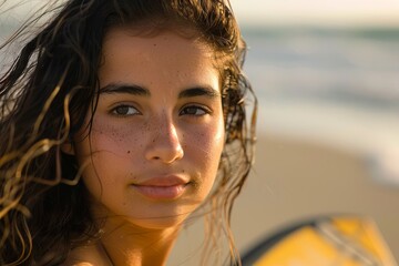 Wall Mural - Portrait of a young female surfer on the beach