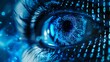 © SKIMP Art - Digital eye with binary code, closeup view of an iris surrounded in the style of glowing data streams and pixelated numbers Generative AI