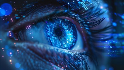 A closeup of an eye with binary code and data flowing through it, symbolizing the connection between vision technology and digital information Generative AI