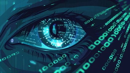 Closeup of an eye with binary code, symbolizing the connection between vision and data technology The dark blue background creates contrast against the bright colors in front Generative AI