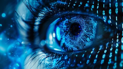 Digital eye with binary code, closeup view of an iris surrounded in the style of glowing data streams and pixelated numbers Generative AI