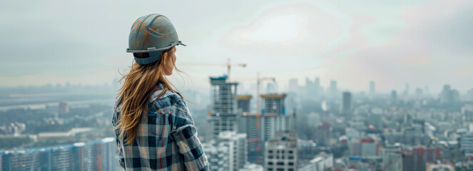 Empowering Urban Growth: Portrait of a Young Female Construction Worker in Safety Helmet Amidst City Buildings Under Development