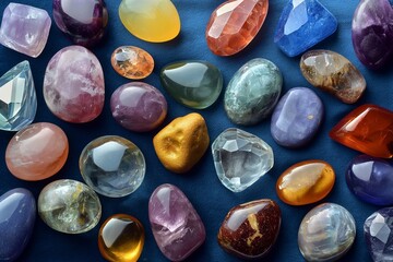  A collection of polished, multi-colored gemstones, each catching the light in unique ways, scattered across a solid, rich velvet blue background.