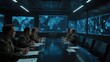 © Elinadwi - A group of people in military uniforms are sitting around a conference table in a dark room. There are several screens on the walls showing maps and data.