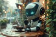 Futuristic relaxation: High-tech robot enjoying a cigarette and coffee at an urban café.