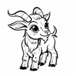   A black-and-white drawing of a baby goat with large horns, facing a white background