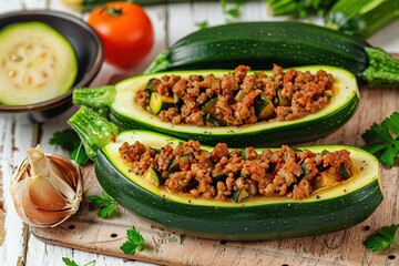 Wall Mural - Zucchini stuffed with cheese and meat on wooden background